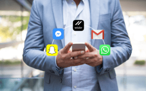 Business man on phone with app icons